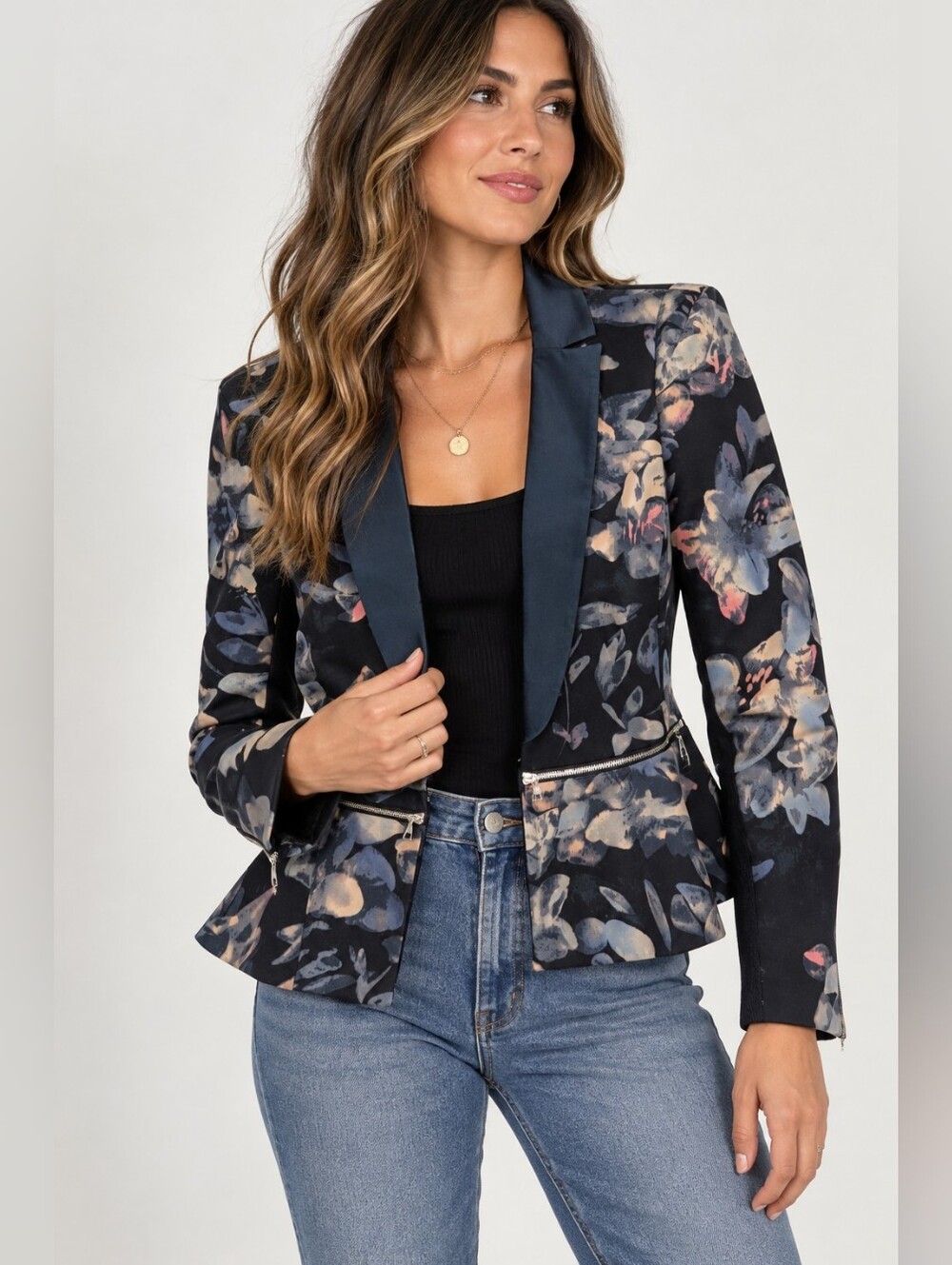 Rebecca Taylor Floral Peplum Blazer Jacket Size 6 Zip Detail Silk Trim
